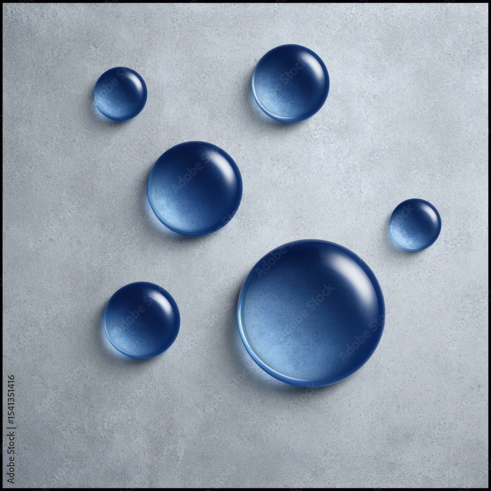 Poster five blue glossy spheres of varying sizes arranged on a textured gray surface creating a modern and 