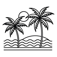 Minimalist island scene with palm trees sun and waves black and white