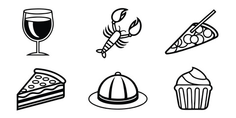 Minimalist outlined food and drink icons featuring pizza,lobster,wine,and sweets