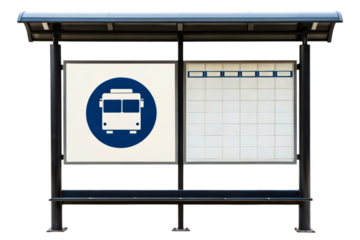 Empty bus stop shelter with a sign and schedule isolated with transparent background