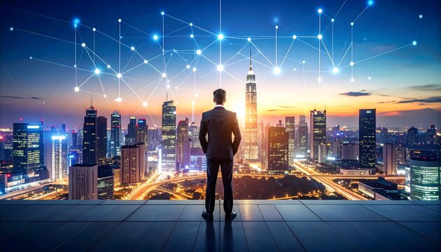 A visionary leader overlooking a thriving connected city at sunset imagining the future with strategic data networking