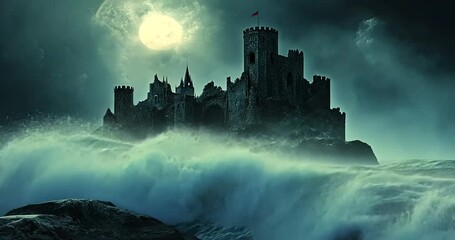 Dark castle on rocky shore under moonlit stormy sky