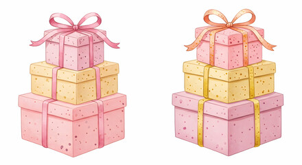 Stack of Pink and Yellow Gift Boxes with Ribbons