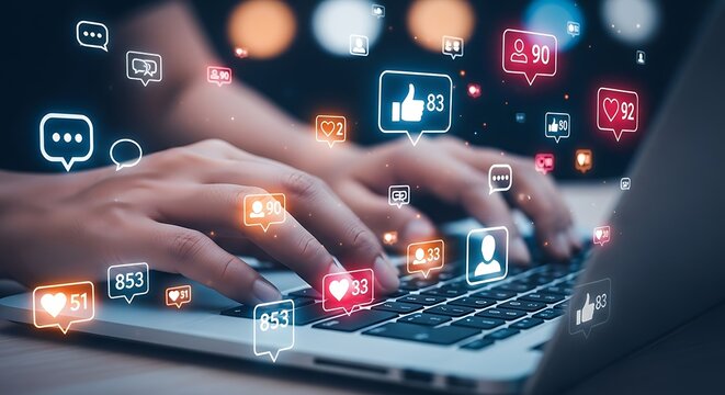 Hands typing on laptop with social media icons representing online engagement and interaction