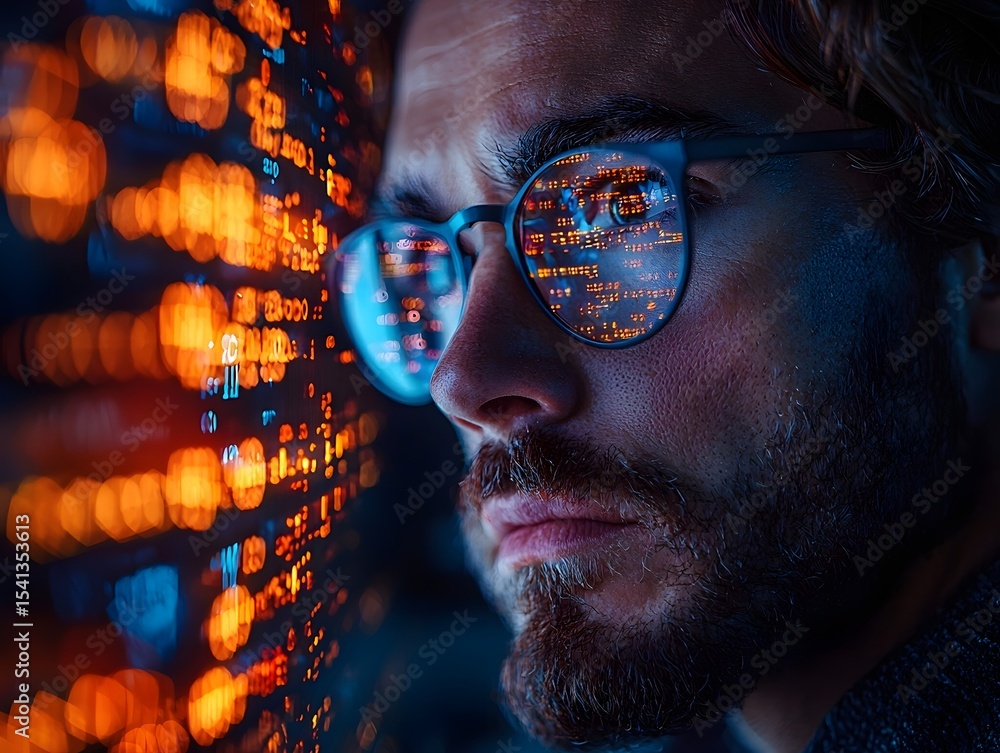 Poster hacker manipulating data in a businessman s holographic financial chart
