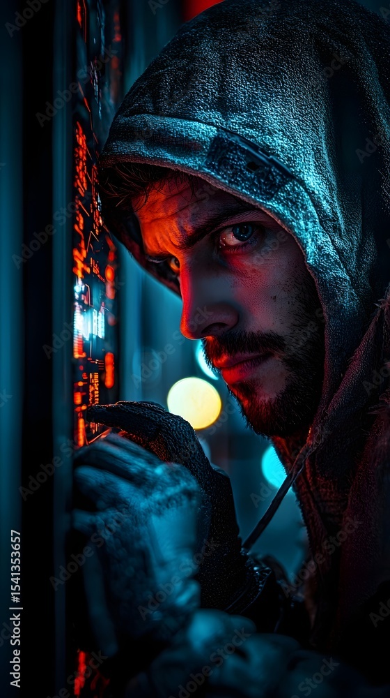 Poster hacker scanning a corporate social network for data extraction