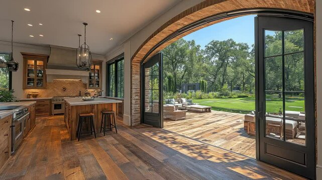 Farmhouse kitchen with expansive patio view