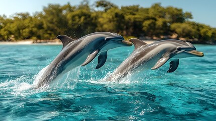 Naklejka premium Playful dolphins jumping in the turquoise waters of a tropical island