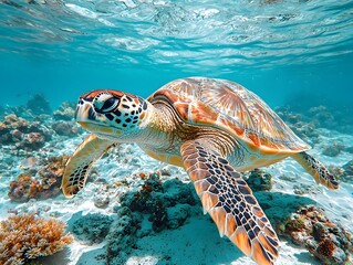 Obraz premium Graceful sea turtle swimming through vibrant coral reef