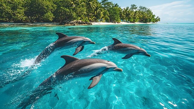 A pod of dolphins joyfully leaping through the crystal clear turquoise waters of a tropical paradise