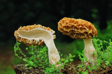 Close-up of Morel edible mushroom (Morchella sp.) growing on forest floor in Korea. Highly prized...