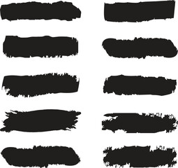 Ink brushstroke and paintbrush template with splashes grunge. Vector set black ink brush stroke. Dirty artistic design elements. Grunge splatter, dirt stain, brush with drops blots. 