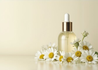 Close up of a glass bottle with cosmetic decorated with chamomile flowers. White background with copy space. The concept of organic natural cosmetics.
