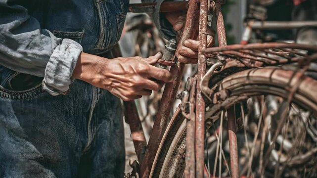 Person repairing an old bicycle
