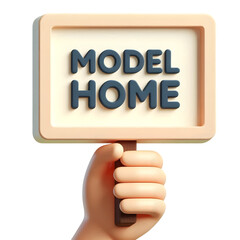 Cartoon hand holding model home sign isolated on transparent background