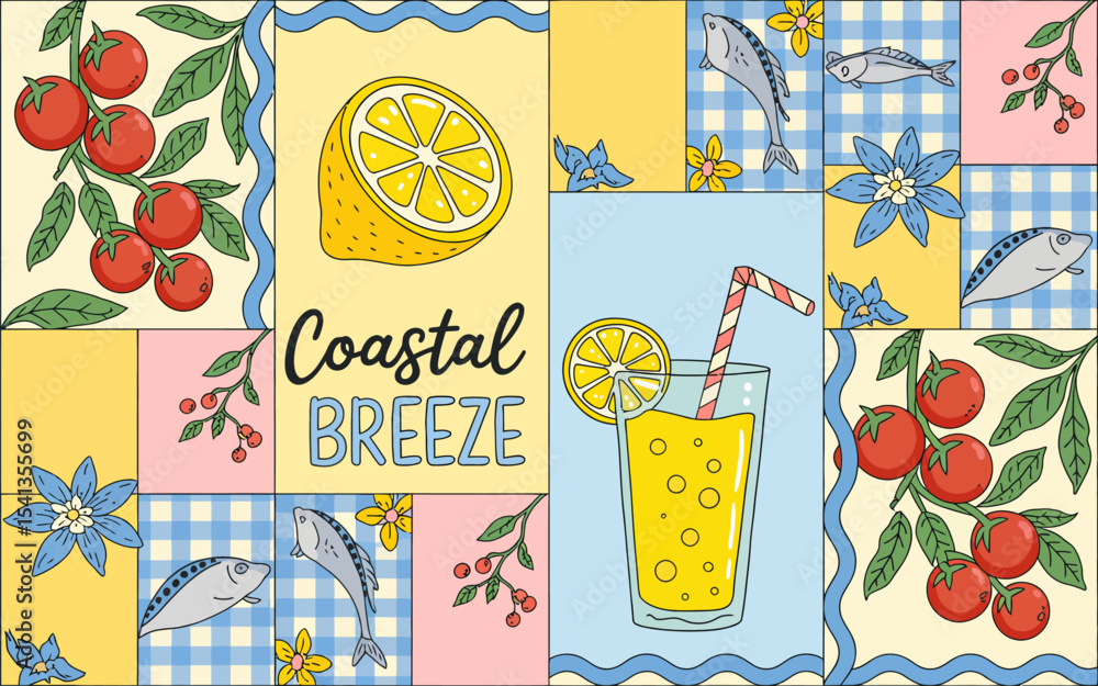 Fototapete a cheerful patchwork-style illustration with a 