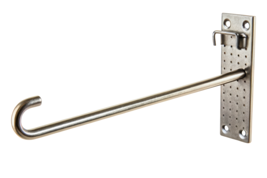 Single metal pegboard hook for display isolated with transparent background