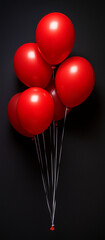 Floating Elegance: A cluster of vibrant red balloons ascends against a stark black backdrop, their ribbons creating a captivating dance.
