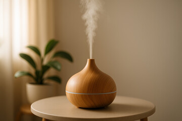 Serene Vapor: A close-up shot captures a tranquil moment, with a modern essential oil diffuser releasing a gentle plume of vapor, placed atop a smooth, light-toned table.