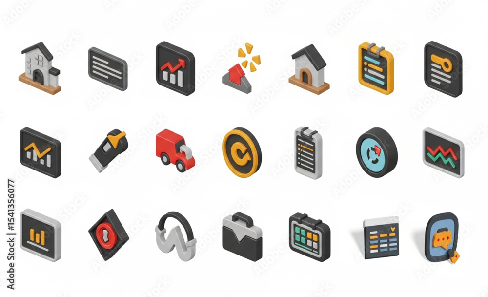 Poster isometric icon set representing business and data analytics