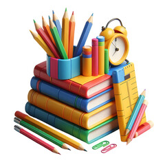 Fototapeta premium Colorful school supplies stack books pencils alarm clock isolated on transparent background