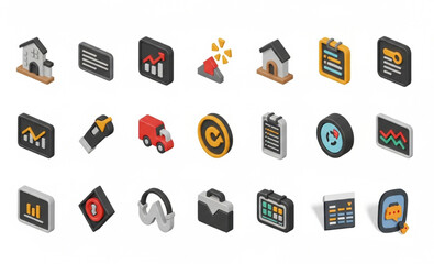 Isometric icon set representing business and data analytics