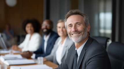 Confident senior businessman leader smiling in corporate meeting environment