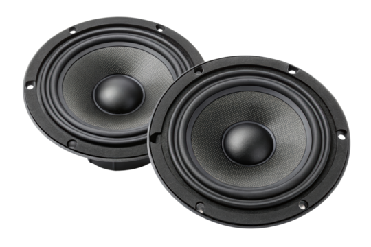 Black audio speakers with textured cones and smooth domes isolated with transparent background
