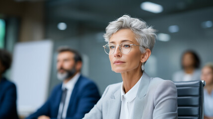 Senior businesswoman executive in corporate meeting with professional team
