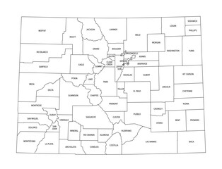 State of Colorado, subdivided into 64 counties, outline map with county names and boundaries. State in the Mountain West subregion of the United States, nicknamed The Centennial State. Isolated vector
