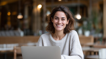 Smiling businesswoman using computer in contemporary coworking space