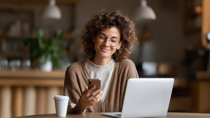 Happy professional woman using smartphone and laptop in modern workspace