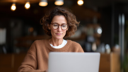 Professional woman working remotely on laptop in modern coworking space