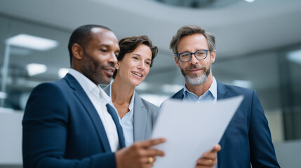 Diverse business team reviewing important documents in modern office corridor