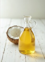slice of fresh coconut and bottle of oil on a table
