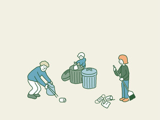 清掃活動をする人々　ベクターイラスト