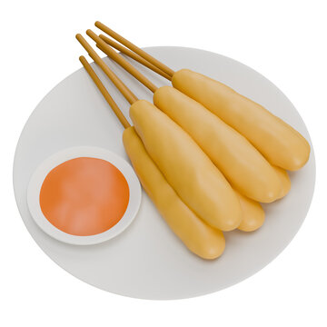 3D illustration of sempol, an Indonesian street food snack consisting of fried skewers served with sauce, perfect for savory food visuals.