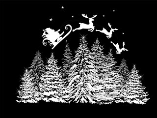 White Christmas trees and flying Santa Claus. hand drawing. Not AI. Vector illustration.