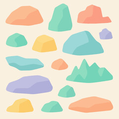 Colorful Rock Collection: A cheerful collection of various pastel-colored rocks, perfect for game design, children's books, or any project needing playful earth elements.