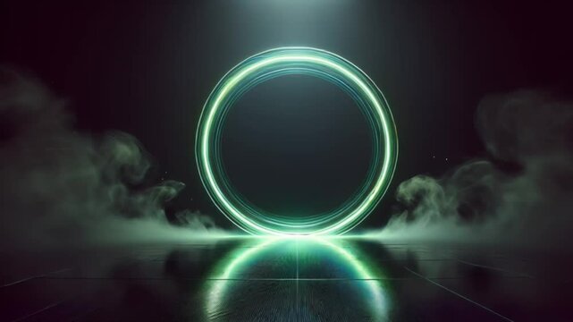 Glowing green neon semi-circle radiates intense light in a dark futuristic environment

