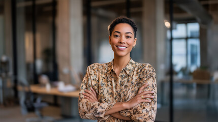 Female business leader with assured posture in modern coworking space