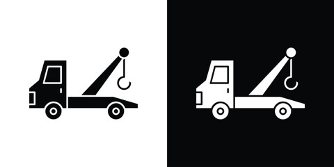 Tow truck icon in flat black solid vector set