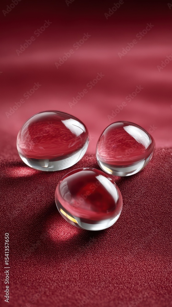 Poster three clear glass pebbles with red swirls are resting on a textured red surface with folds and shado