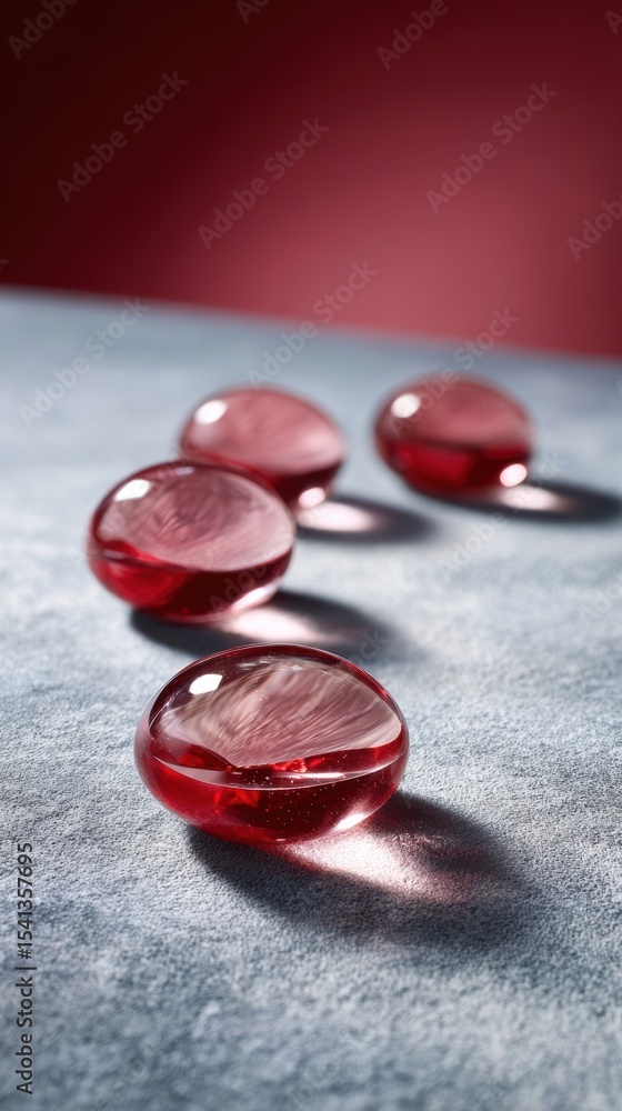 Poster four translucent red glass pebbles sit on a textured gray surface casting shadows against a gradient