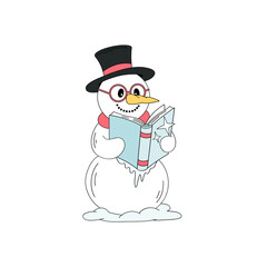 Retro Christmas Snowman Reading Frozen Book in Glasses Cozy Winter vector Illustration isolated on white in Hand Drawn Style. Ideal for holiday greeting cards, winter book themed designs, educational