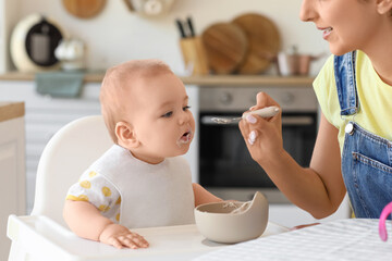 Mother feeding her baby in high chair at home