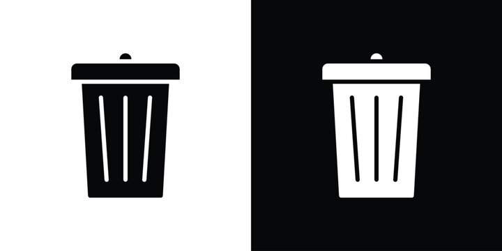 Trash icon in flat black solid vector set