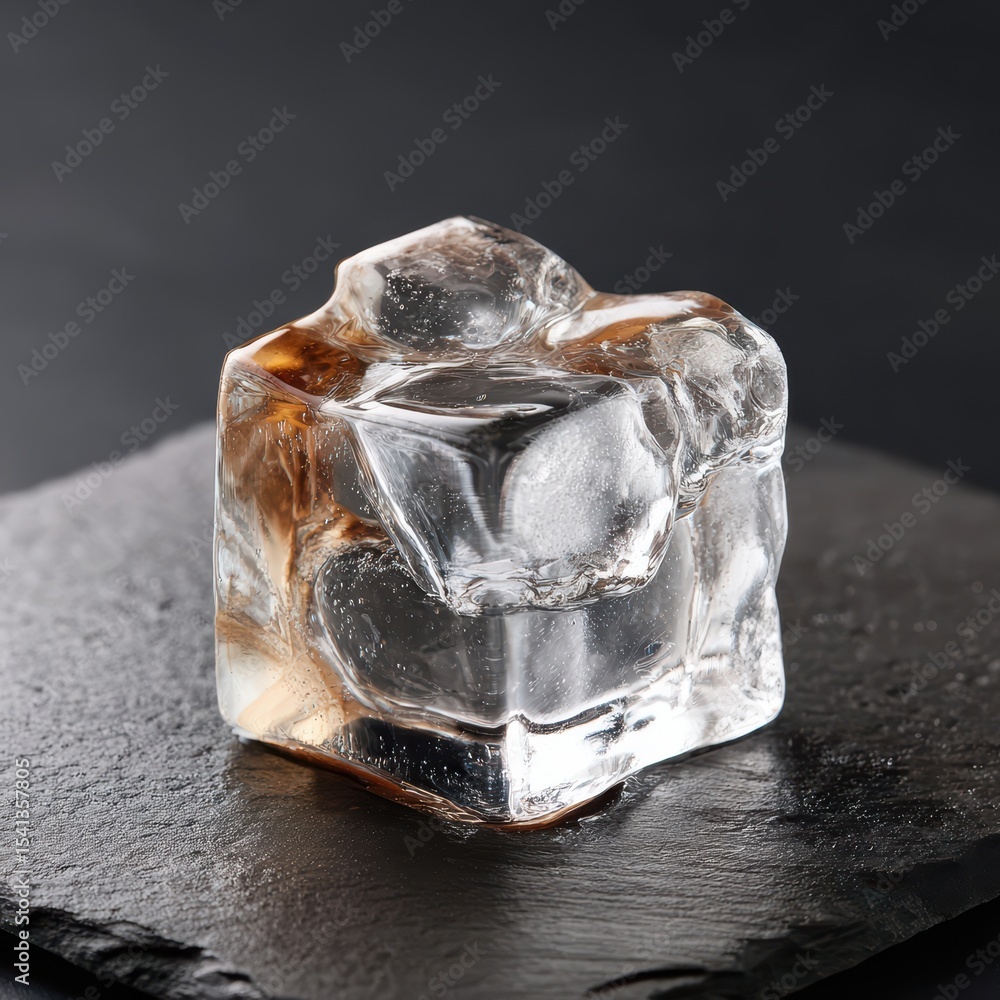 Poster close up of a large clear ice cube with bubbles on a dark slate surface under a dimly lit background