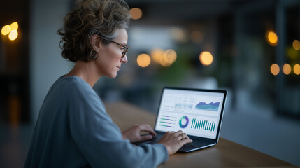 Professional woman analyzing business data on laptop during evening work