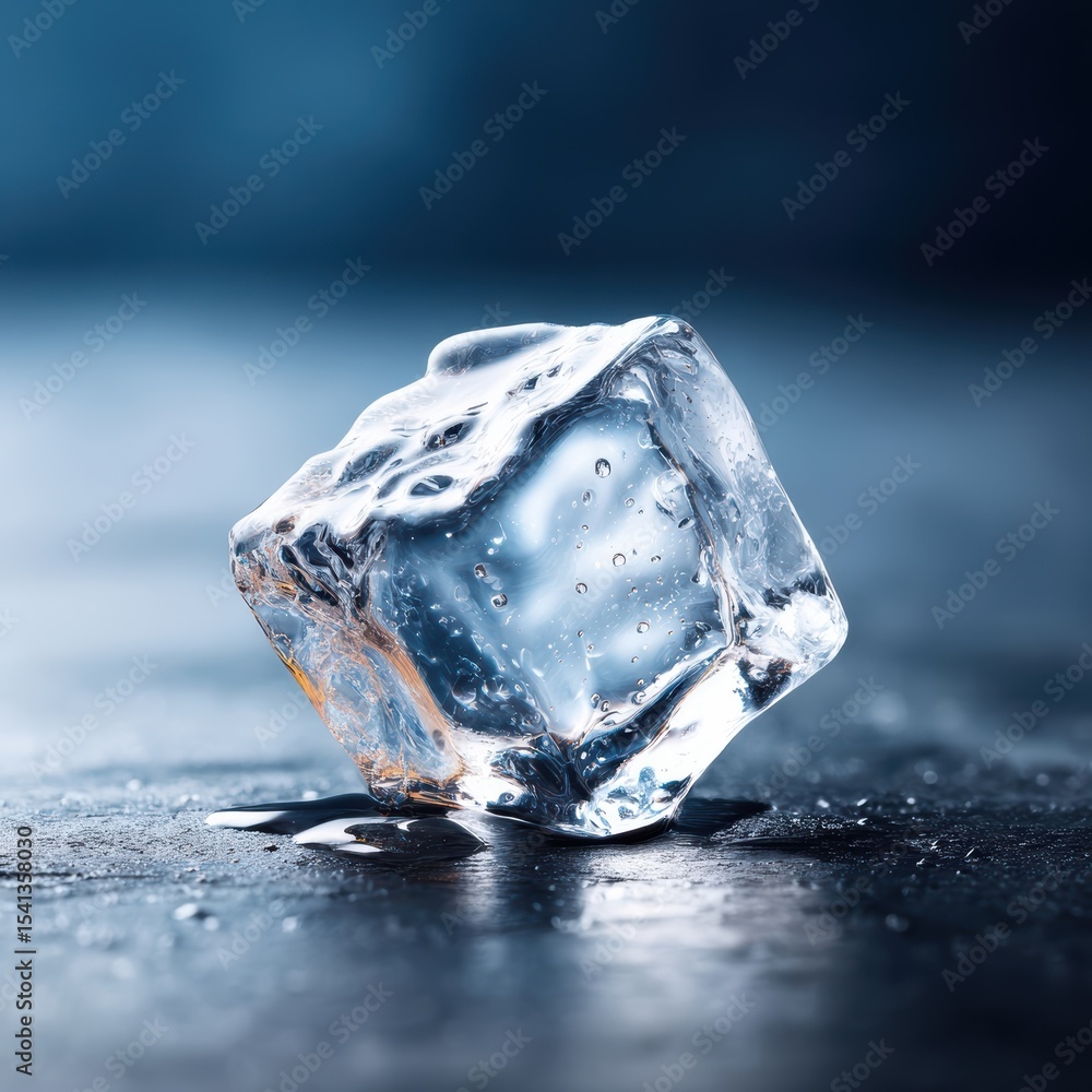 Aufkleber single ice cube melting on a dark surface with visible water droplets macro shot focused on detail a